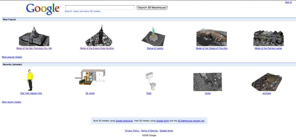 Een breed, nostalgisch screenshot van de originele Google 3D Warehouse homepagina uit 2006. Het toont populaire en recent geüploade 3D-modellen, wat een unieke terugblik biedt op de vroege dagen van het delen van SketchUp-modellen.