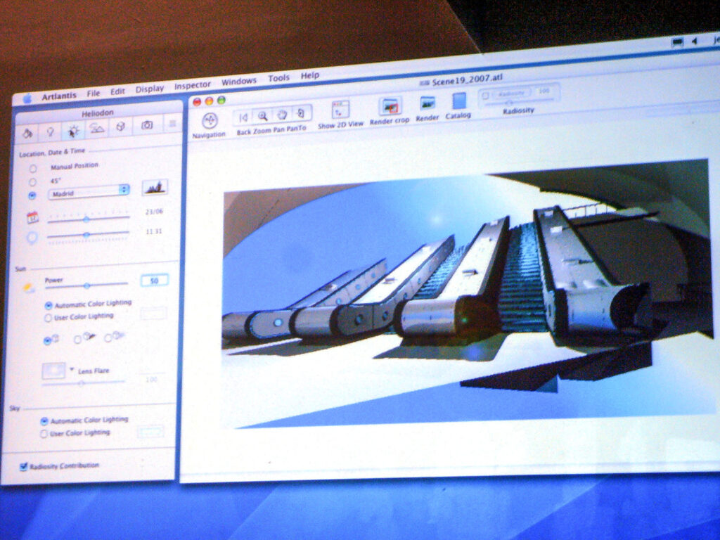 Een foto van een beeldscherm uit 2007 dat de klassieke, inmiddels nostalgische interface van de Artlantis render-engine toont, met een 3D-model van roltrappen. Een iconisch stukje softwaregeschiedenis voor 3D-visualisatie professionals.
