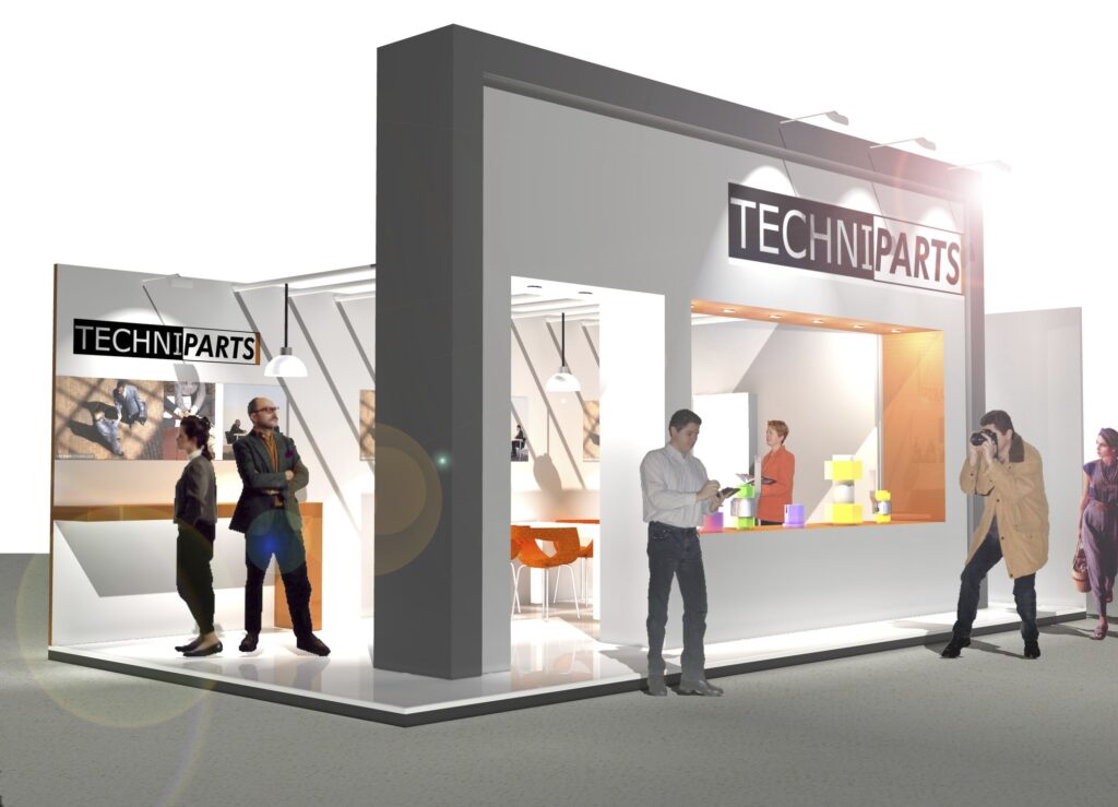 Een vroege, sfeervolle 3D-render van een wit met oranje Techniparts beursstand, gemaakt met klassieke Artlantis software. De afbeelding bevat typische elementen uit die tijd, zoals opvallende lens flares en 2D-uitgesneden personen.