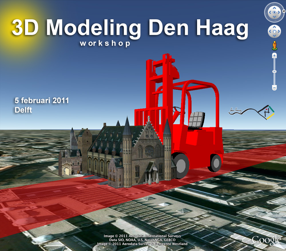 Een retro promotieposter voor de '3D Modeling Den Haag workshop' uit februari 2011. De grafische afbeelding toont een creatieve compositie van een felrode 3D-heftruck die een gedetailleerd model van de Ridderzaal vervoert over een Google Earth-kaart, als uniek onderdeel van het historische Design8 archief.