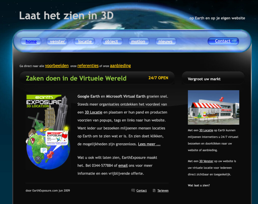 Een screenshot van de oude EarthExposure website uit 2009, een vroege dienst voor het plaatsen van 3D-modellen in Google Earth. Een nostalgische terugblik op 20 jaar Design8 innovaties.