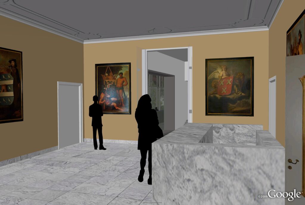 Een vroeg 3D-model van een klassiek museuminterieur met schilderijen, marmeren elementen en beelden, bekeken in Google Earth. Onderdeel van de historische 3D-locatie projecten van Design8.