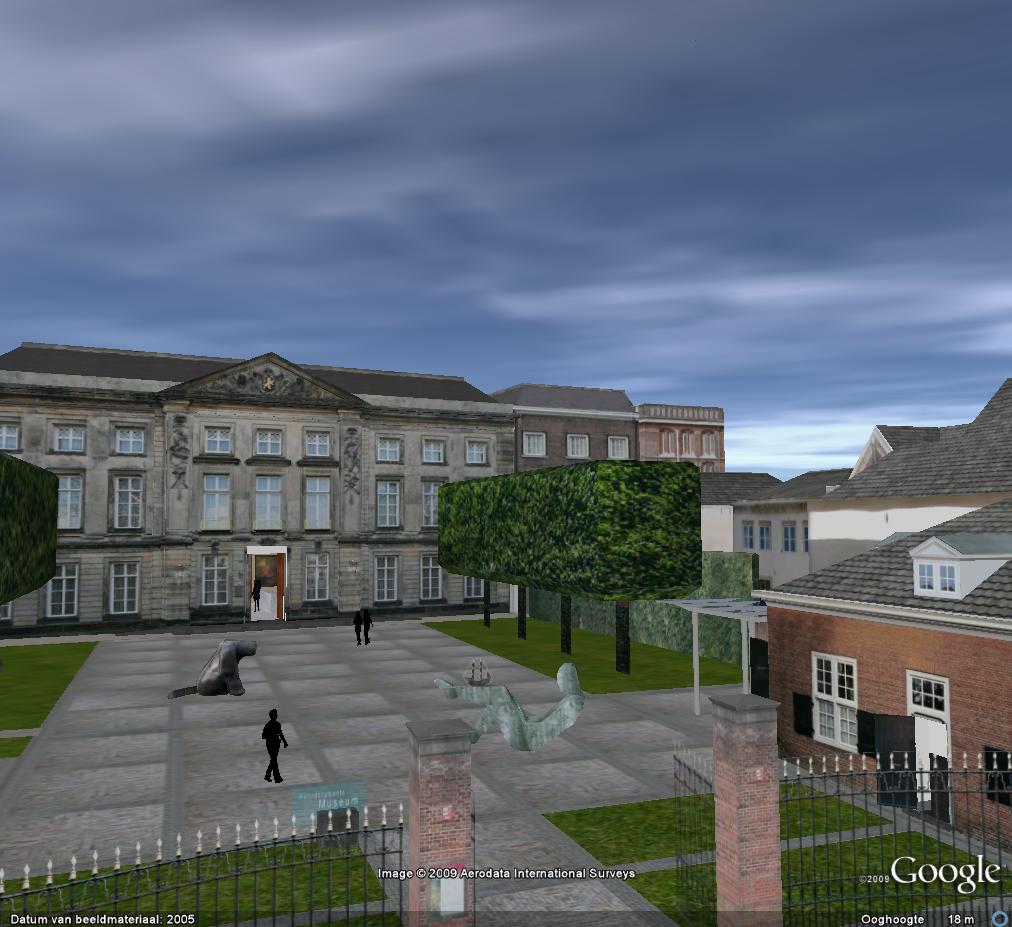 Een historisch 3D-model van de buitenplaats van het Noordbrabants Museum geprojecteerd in Google Earth, inclusief virtuele bomen, beelden en bezoekers. Gemaakt met vroege SketchUp versies.