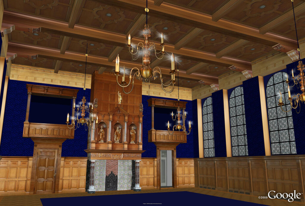 Een rijk gedetailleerd 3D-interieurmodel van een historische zaal met houten lambrisering, imposante kroonluchters en glas-in-loodramen, gevisualiseerd in Google Earth in het jaar 2009.