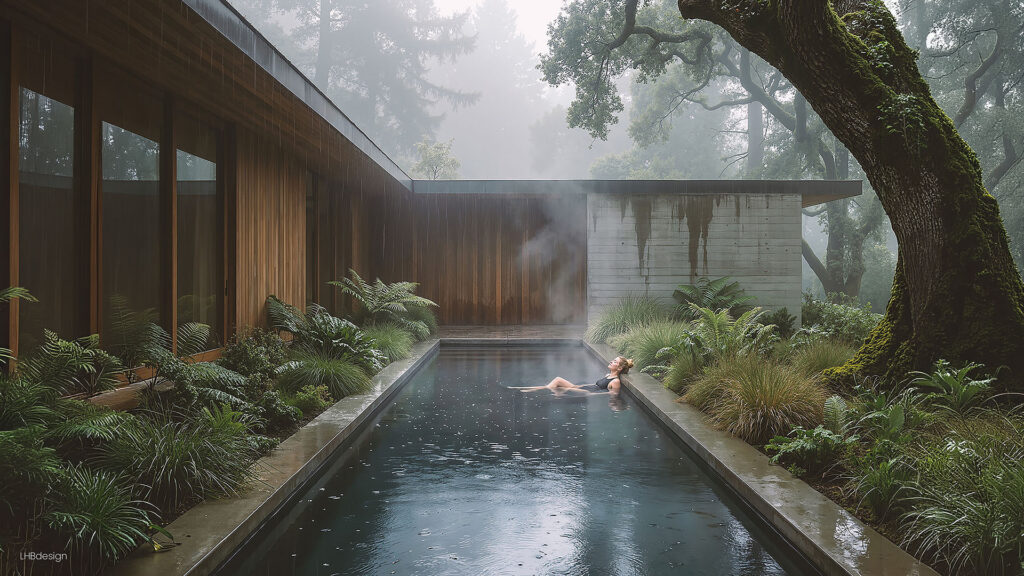Architecturale visualisatie van een rustige retraitewoning onder oude eikenbomen, met zachte mist, warm natuurlijk licht en reflecterende materialen. Originele render door LHBdesign.
