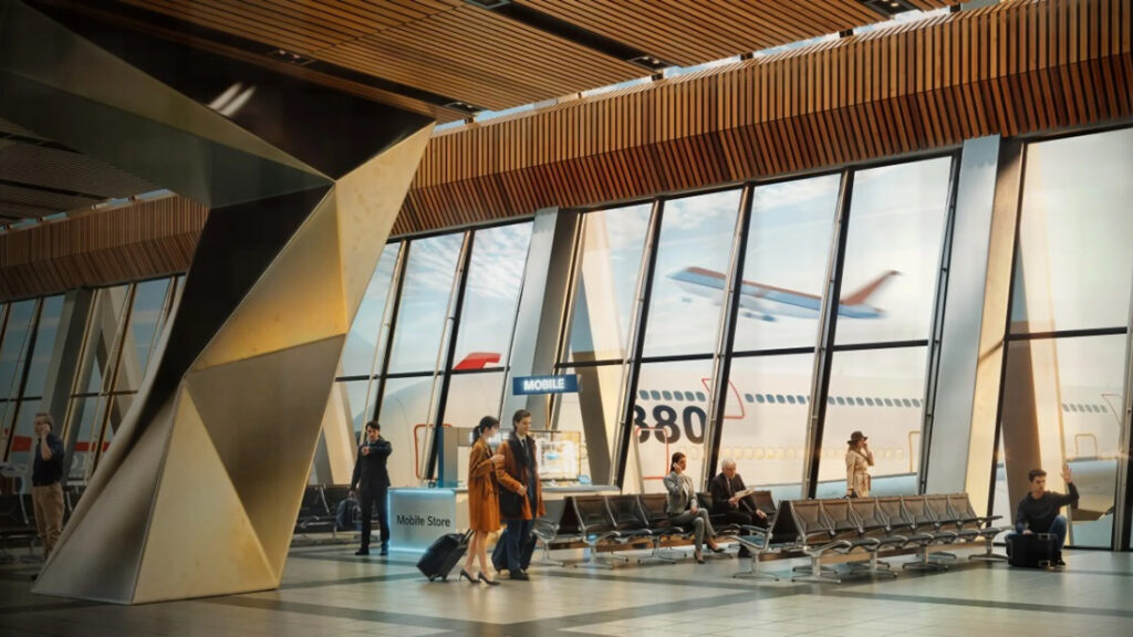 Een weidse 3D-interieurrender van een drukke vertrekhal op een luchthaven met grote ramen met uitzicht op geparkeerde vliegtuigen. Tientallen realistische 3D-mensen lopen, zitten en dragen bagage rondom architectonische pilaren, wat de naadloze 'Intelligent Pathfinding' integratie met Chaos Anima in Corona 15 toont.