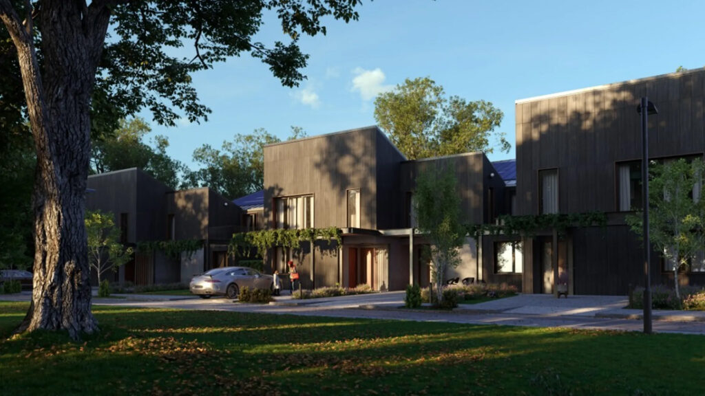 Een sfeervolle 3D-exterieurrender van een modern, donkerhouten wooncomplex met grote bomen, een geparkeerde sportauto en wandelende mensen. Deze perfect uitgelijnde architectuurvisualisatie demonstreert de 'Composition Guides' tool in de Virtual Frame Buffer (VFB) van Chaos Corona 15.