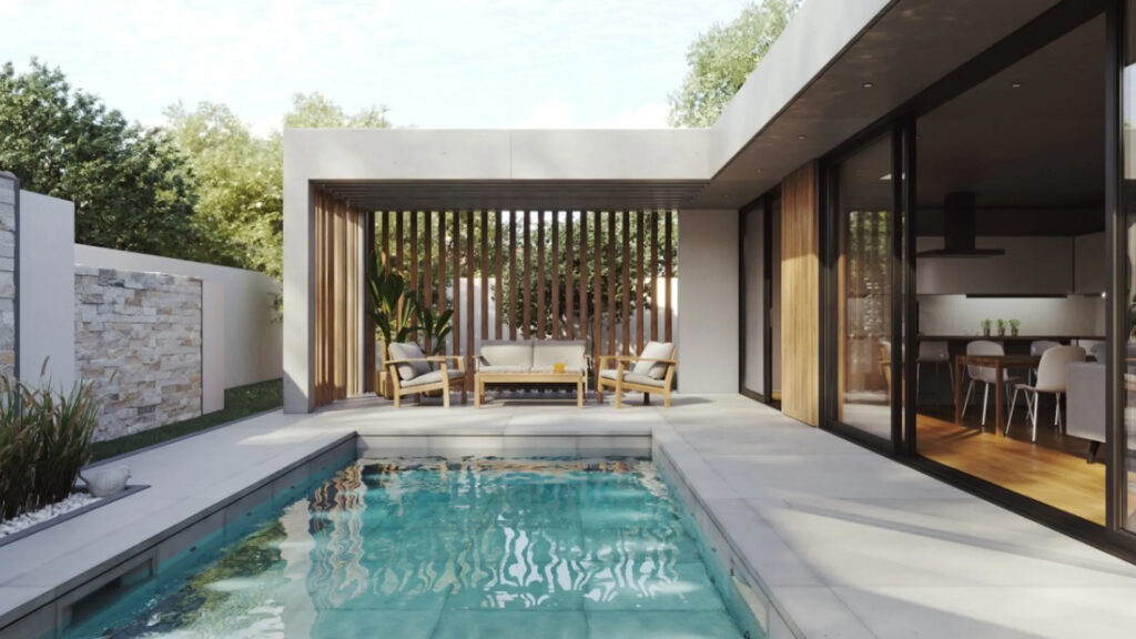 Een fotorealistische 3D-render van een moderne achtertuin met een zwembad en een overdekt terras met houten lamellen. De weergave illustreert de nieuwe Chaos Corona 15 feature waarmee resolutie en beeldverhouding per camera afzonderlijk kunnen worden ingesteld. Focus: Chaos Corona 15, per-camera resolutie, beeldverhouding 3D render, architectuurvisualisatie exterieur, moderne villa zwembad.