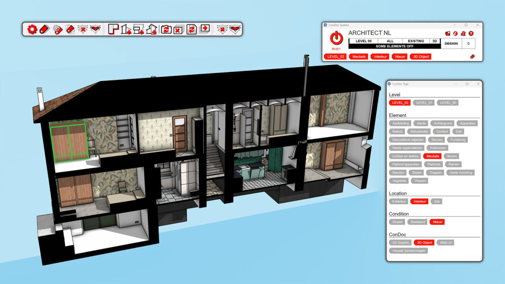 Een overzichtsafbeelding (hero image) van ConDoc Tools die de naadloze overgang toont van een 3D SketchUp-model van een modern huis naar professionele 2D-bouwtekeningen en gevelaanzichten. Het logo van ConDoc Tools staat centraal.