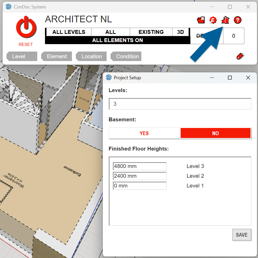 Een screenshot van het 'Project Setup' venster in ConDoc Tools over een 3D-plattegrond in SketchUp. Het menu toont invoervelden voor het instellen van het aantal verdiepingen, een kelder (Ja/Nee) en specifieke vloerhoogtes in millimeters, met een blauwe pijl die naar het rode huis-icoontje wijst.