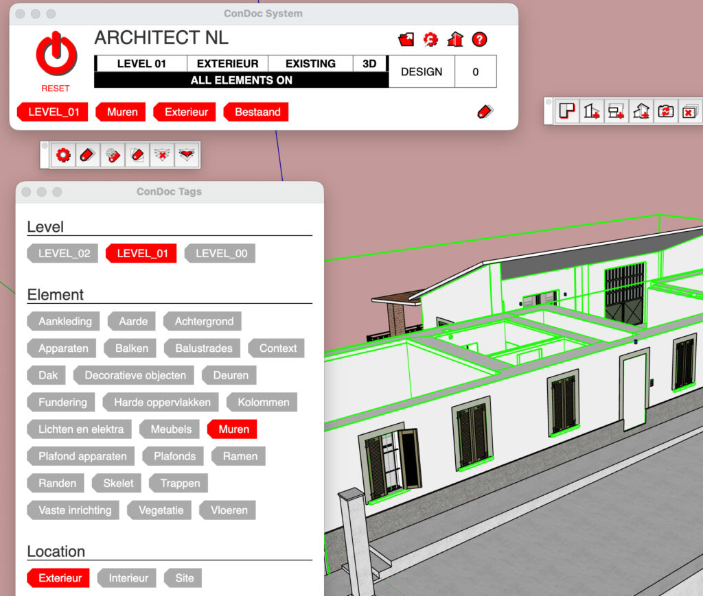 Een screenshot van de 'ConDoc Tags' interface in SketchUp, zwevend over een wit 3D-gebouw met groene constructielijnen. Het menu toont actieve, in rood gemarkeerde selecties voor 'LEVEL_01', 'Muren' en 'Exterieur', wat demonstreert hoe elementen eenvoudig geclassificeerd worden.