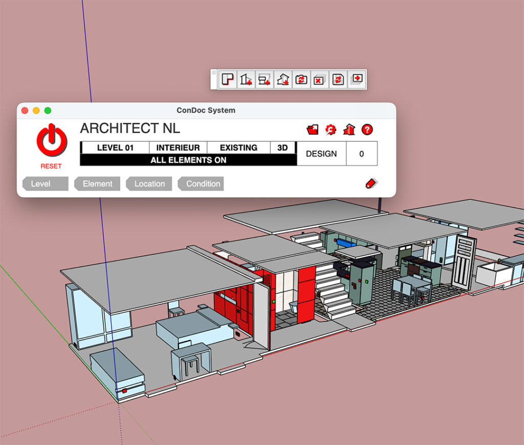 De compacte 'ConDoc System' werkbalk weergegeven boven een opengewerkte 3D-doorsnede van een gebouw in SketchUp. De werkbalk toont actieve filters zoals 'LEVEL 01' en 'INTERIEUR', waarmee ontwerpers snel specifieke delen van hun complexe 3D-model kunnen isoleren en bekijken.