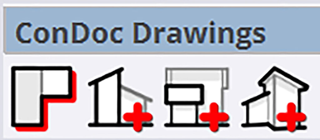 Een detailopname van de 'ConDoc Drawings' werkbalk in SketchUp. De balk bevat vier grafische iconen voorzien van een rood plusteken, representatief voor het toevoegen van 2D-plattegronden, doorsnedes, aanzichten en 3D-perspectieven aan het project.