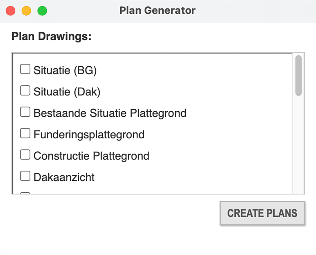 Het dialoogvenster 'Plan Generator' van ConDoc Tools voor macOS. Het toont een afvinklijst met bouwtekeningen zoals 'Situatie (BG)' en 'Funderingsplattegrond', samen met een knop 'CREATE PLANS' om deze tekeningen automatisch via LayOut te genereren.
