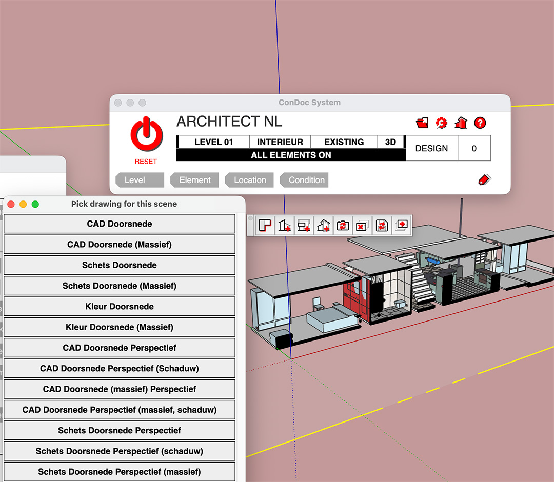 Het 'Pick drawing for this scene' keuzemenu van ConDoc Tools, zwevend over een opengewerkte 3D-doorsnede van een kantoor in SketchUp. Het menu biedt diverse presentatiestijlen voor doorsnedes, waaronder 'CAD Doorsnede', 'Schets Doorsnede' en 'Kleur Doorsnede Perspectief'.