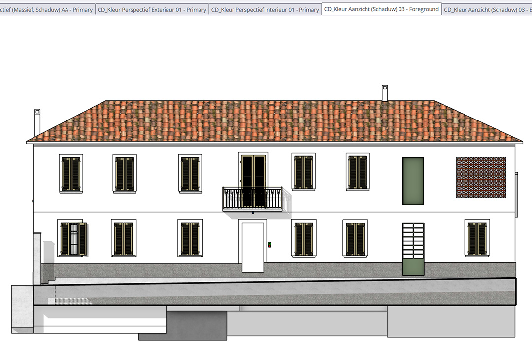 Een 2D kleuren-gevelaanzicht van een traditioneel wit huis met een rood pannendak en donkere luiken, gegenereerd in SketchUp met ConDoc Tools.