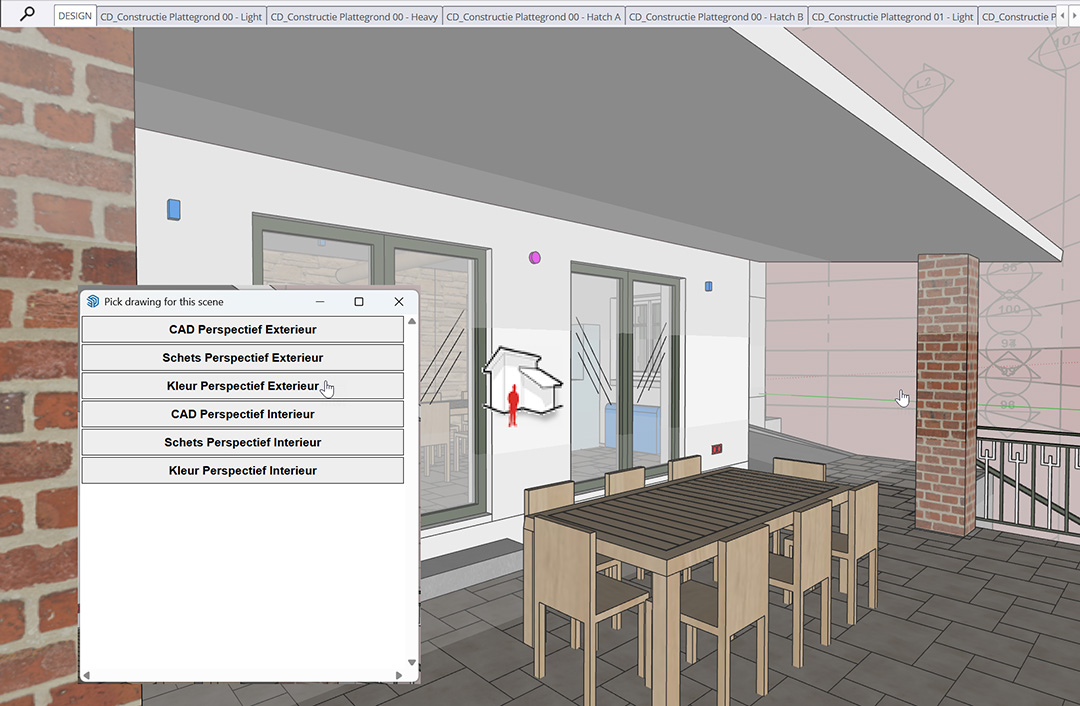 Een screenshot van de SketchUp interface met het ConDoc Tools menu 'Pick drawing for this scene'. Een muiscursor selecteert de optie 'Kleur Perspectief Exterieur' boven een 3D-model van een modern terras.