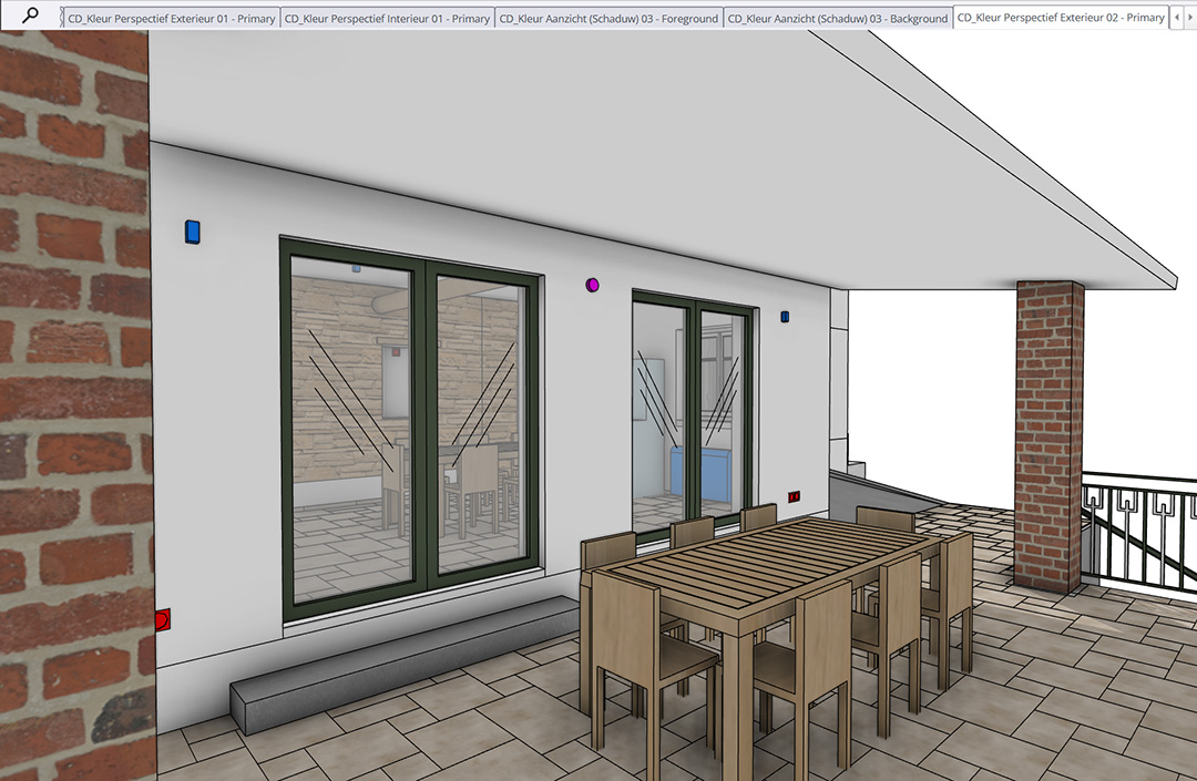 Het resultaat van een ConDoc Tools scene export: een gestileerde 2D-kleurenperspectief weergave van een modern buitenterras met een houten eettafel en bakstenen kolommen in SketchUp.