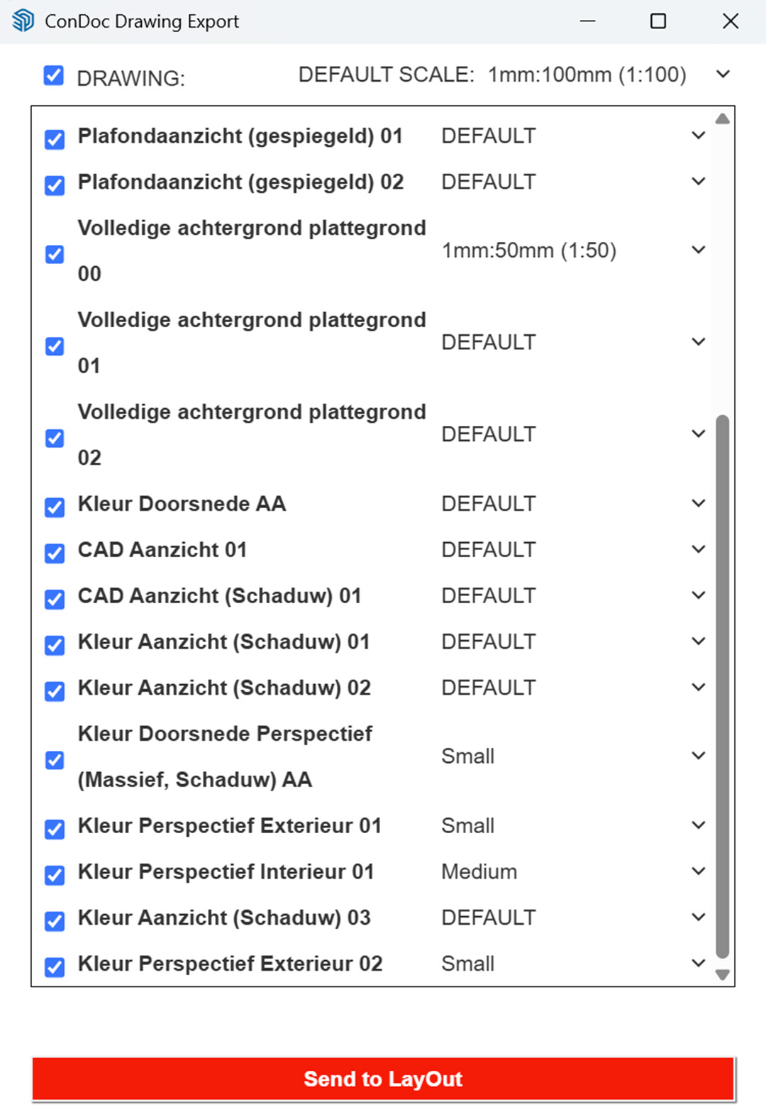 Het 'ConDoc Drawing Export' venster in SketchUp met een lange lijst geselecteerde tekeningen (zoals aanzichten en doorsnedes) en schaalinstellingen, met onderaan een opvallende rode 'Send to LayOut' knop.