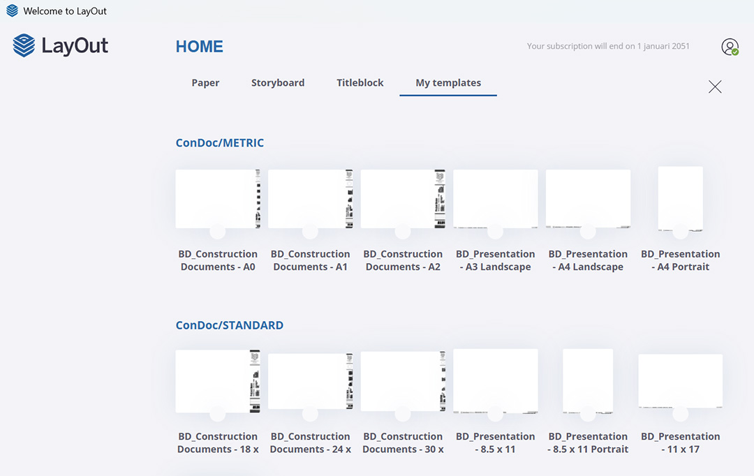 Het welkomstscherm van de software LayOut, dat de map 'My templates' toont met een overzicht van metrische (A0 t/m A4) en standaard ConDoc titelblok-sjablonen voor bouwtekeningen.