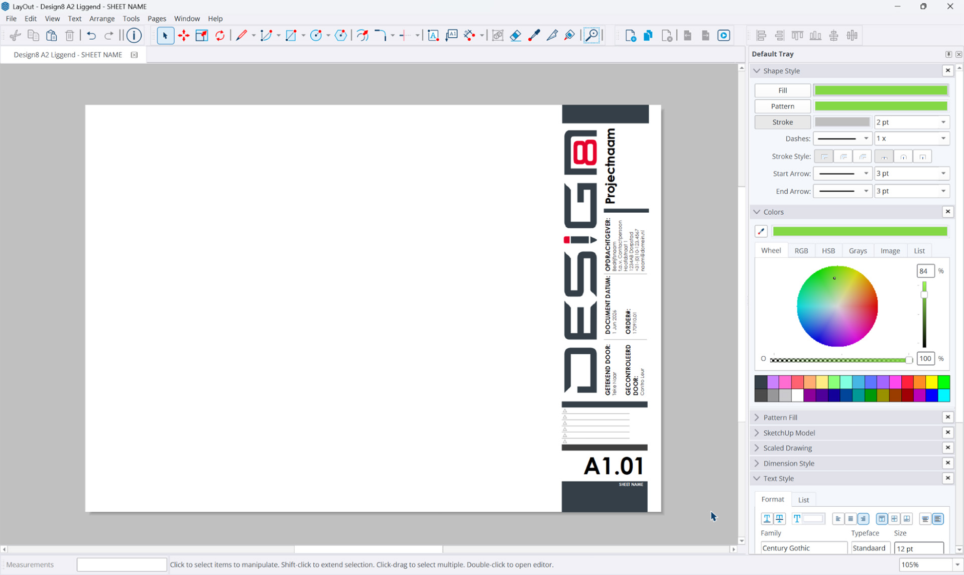 De interface van LayOut met een leeg A2 landschap document. Aan de rechterkant is een professioneel, op maat gemaakt titelblok te zien met het logo van Design8 en invulvelden voor projectgegevens.