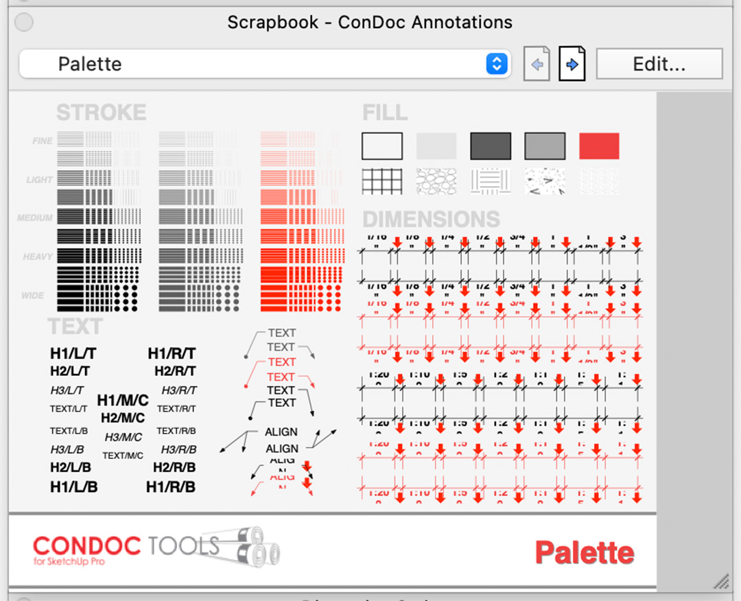 Het 'Scrapbook - ConDoc Annotations' palet in LayOut. Dit paneel toont een uitgebreide bibliotheek met standaard 2D-annotaties, waaronder lijndiktes, arceerpatronen, tekststijlen en rode maatvoeringslijnen.