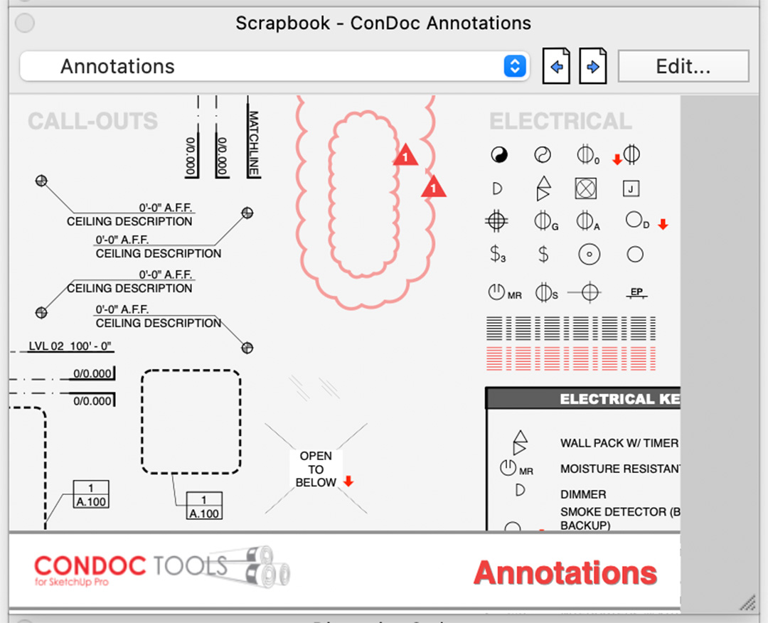 Een screenshot van het 'Scrapbook - ConDoc Annotations' paneel in LayOut. Deze pagina toont een uitgebreide bibliotheek met standaard 2D-bouwtekeningsymbolen, waaronder gedetailleerde call-outs, hoogtemaatvoeringen, een opvallende rode revisiewolk en diverse elektrische symbolen met een bijbehorende legenda.