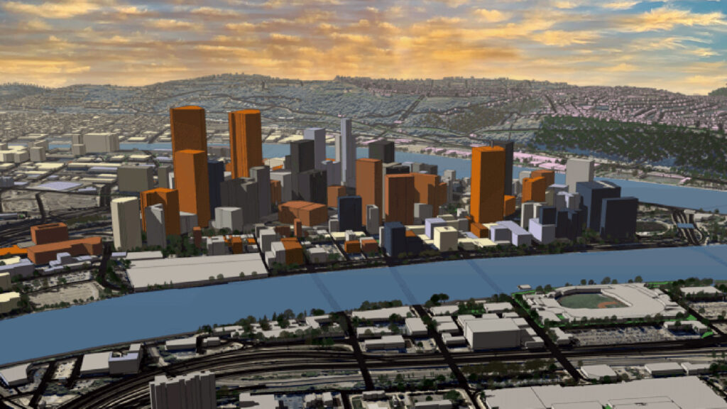 A 3D aerial perspective of a sprawling and detailed city model, generated with the PlaceMaker 4 plugin. The image displays clean white massing models of buildings, detailed road networks, trees, and a waterway, perfectly illustrating how designers can rapidly create complete 3D contexts.