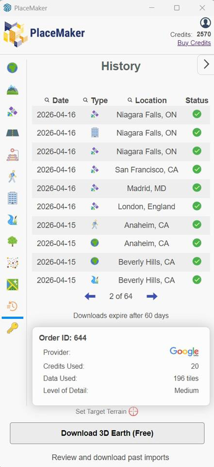 A screenshot of the PlaceMaker 4 plugin interface in SketchUp, with the new 'History' tab open. The organized menu displays a list of previous data imports, floating over a detailed 3D city model in the background.