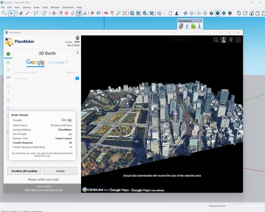The PlaceMaker 4 interface showing the 'Preview in Google Earth' functionality. The image illustrates how designers can easily view and verify their selected 3D location or project area from the SketchUp plugin directly in Google Earth.