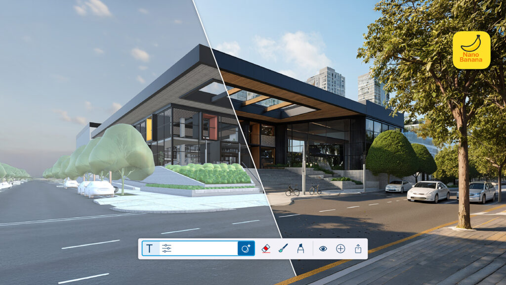 A split-screen comparison in SketchUp 2026.2. The left shows a basic 3D building model, and the right shows a photorealistic AI render with a text prompt bar and the 'Nano Banana' logo. This demonstrates the new, integrated AI rendering workflow.