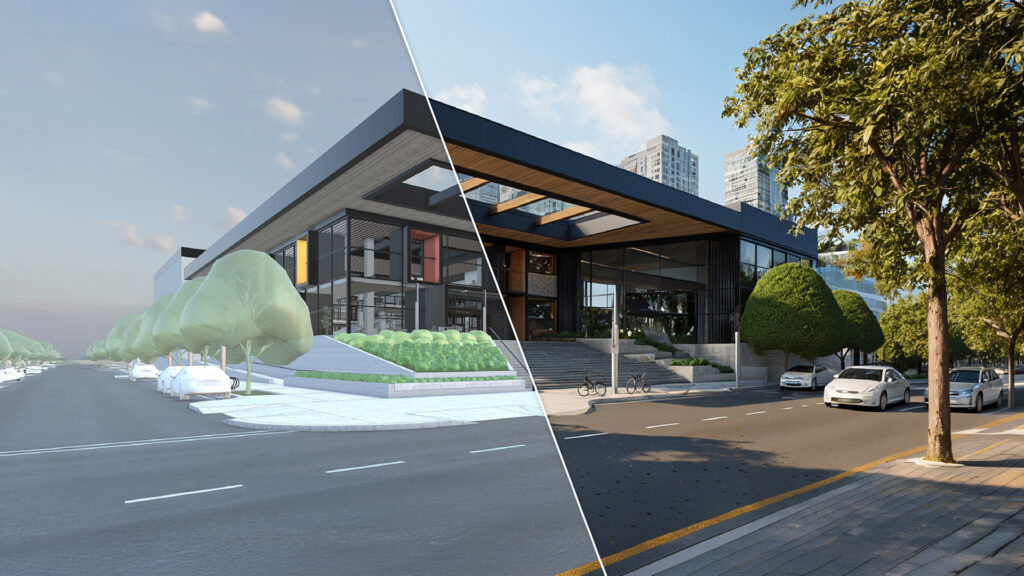 The official hero image for SketchUp 2026.2. A crisp, diagonal split-screen showcases the impressive transformation of an uncolored, basic 3D SketchUp model (left) into a stunning, photorealistic render (right) full of lifelike trees, lighting, and reflections.
