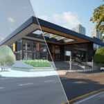 De officiële hero-afbeelding voor SketchUp 2026.2. Een strakke, diagonale split-screen toont de indrukwekkende transformatie van een ongekleurd, rudimentair 3D-SketchUp model (links) naar een verbluffende, fotorealistische render (rechts) vol levensechte bomen, belichting en reflecties.