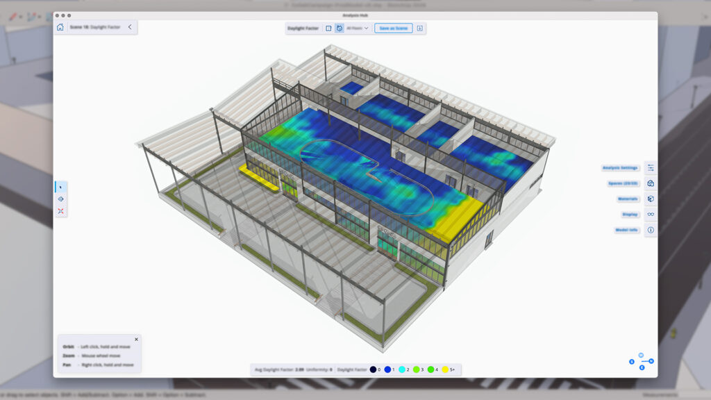 The new 'Analysis Hub' interface in SketchUp 2026.2. A 3D building model displays a detailed color heat map on the floor, analyzing the 'Daylight Factor' to promote sustainable and efficient design.