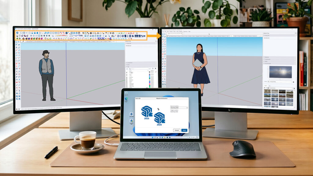 A modern workspace with a laptop and two external monitors running SketchUp. The laptop screen displays the new 'Migrate Extensions' dialog box in SketchUp 2026.2, seamlessly transferring preferences and plugins from version 2025 to 2026.