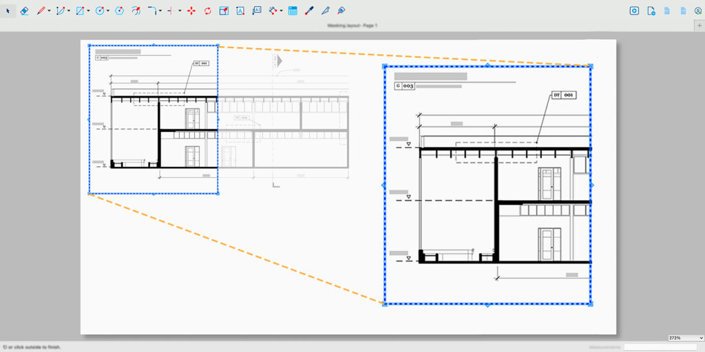 A screenshot of the SketchUp LayOut 2026.2 interface demonstrating non-destructive editing (masking). A 2D section drawing is expanded via a blue bounding box, instantly revealing hidden parts of the drawing without quality loss.