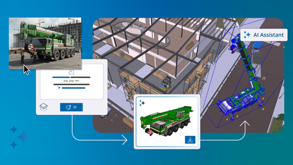 A visual workflow in SketchUp 2026.2 showing the 'Generate Object' feature powered by Rodin v2. A 2D reference photo of a green crane is converted by an AI assistant into a detailed 3D model, which is placed directly into a digital construction site.