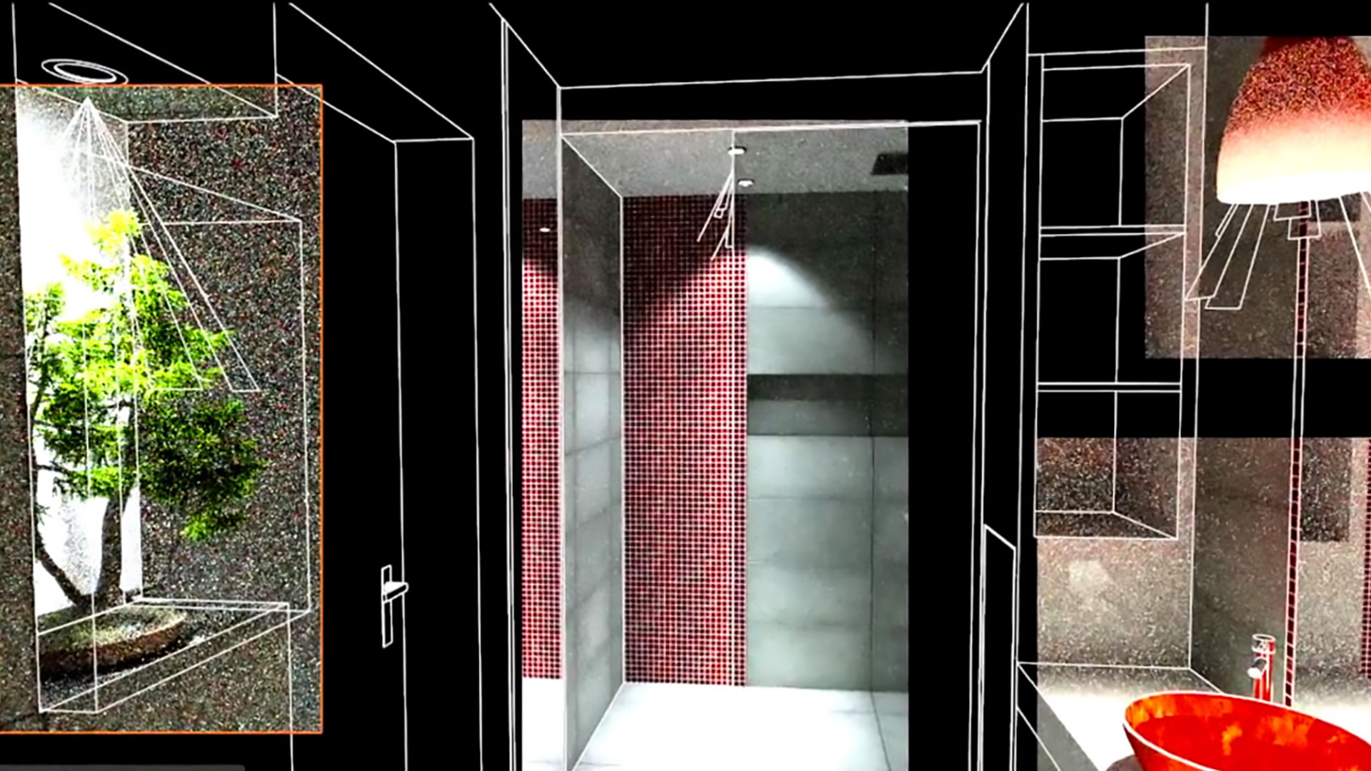Een 3D-draadmodel (wireframe) van een badkamer in ontwerpsoftware, met specifieke rechthoekige vlakken die in real-time fotorealistisch worden gerenderd. De actieve render-vlakken tonen onder andere een bonsai boompje, een douchecel met rode mozaïektegels en een felgekleurde oranje wasbak, wat de interactieve viewport rendering van Thea Render illustreert.