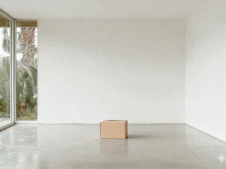 An empty, modern, white room with a sleek poured floor, large windows on the left, and just one cardboard box in the middle. This image serves as the blank canvas for virtual staging and AI generation.