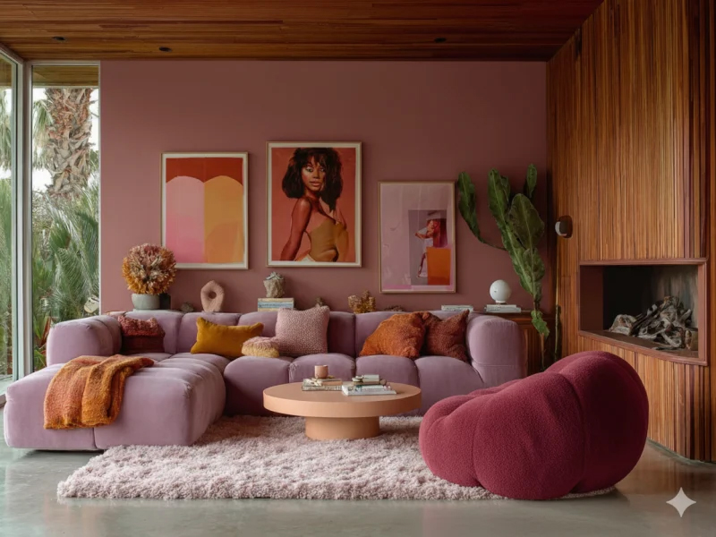 A photorealistic and eclectic interior design of a living room. The space is attractively furnished with a pink modular sofa, a striking red beanbag chair, warm wooden wall panels with a fireplace, and colorful art on the pink walls.
