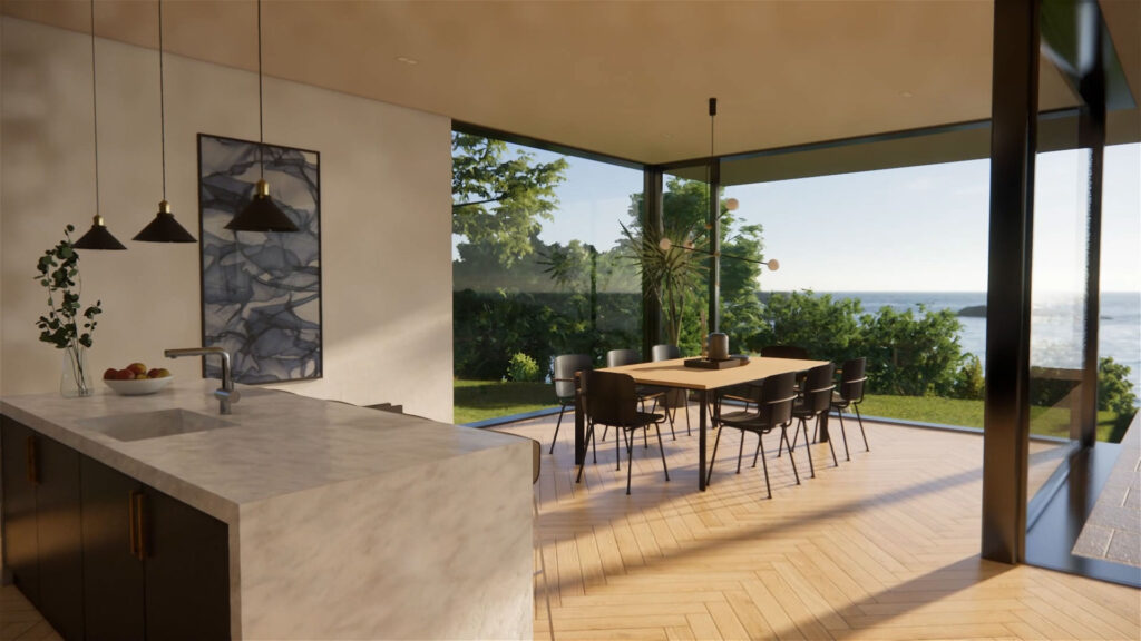 A photorealistic Enscape render of a modern interior. The open space features a marble kitchen island and a dining area with floor-to-ceiling windows, offering a panoramic view of a green garden and the sea. Warm sunlight casts realistic shadows on the wooden herringbone floor.