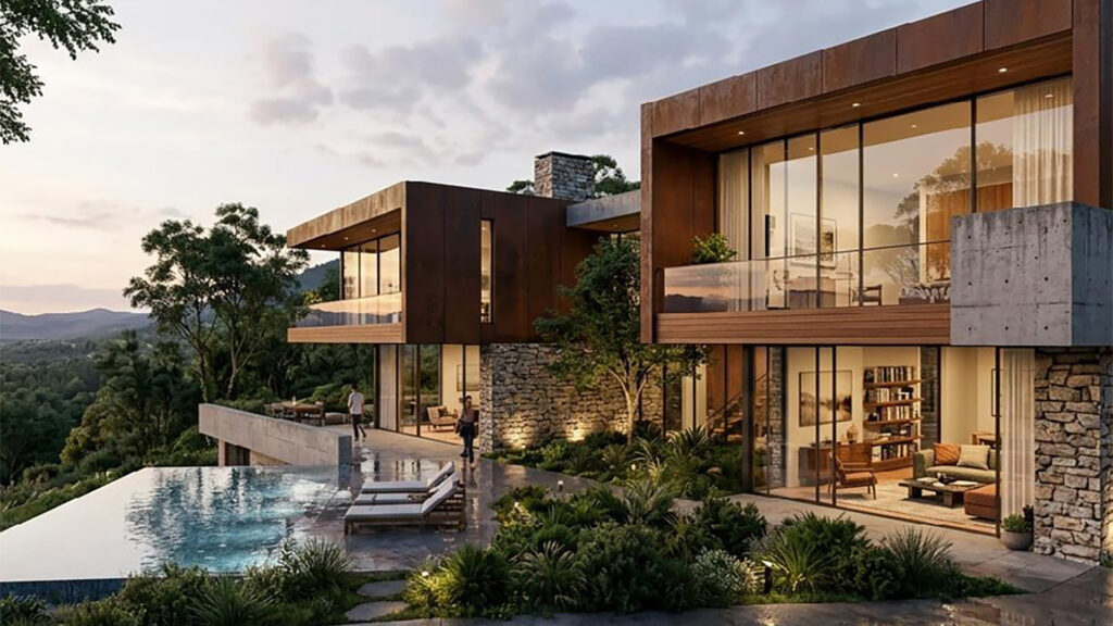 A high-quality, photorealistic architectural visualization of a modern, luxury villa at sunset. The design combines robust natural stone with warm, rust-colored cladding and large glass facades. The terrace features an infinity pool with lounge chairs, seamlessly integrated into a lush green and hilly landscape.