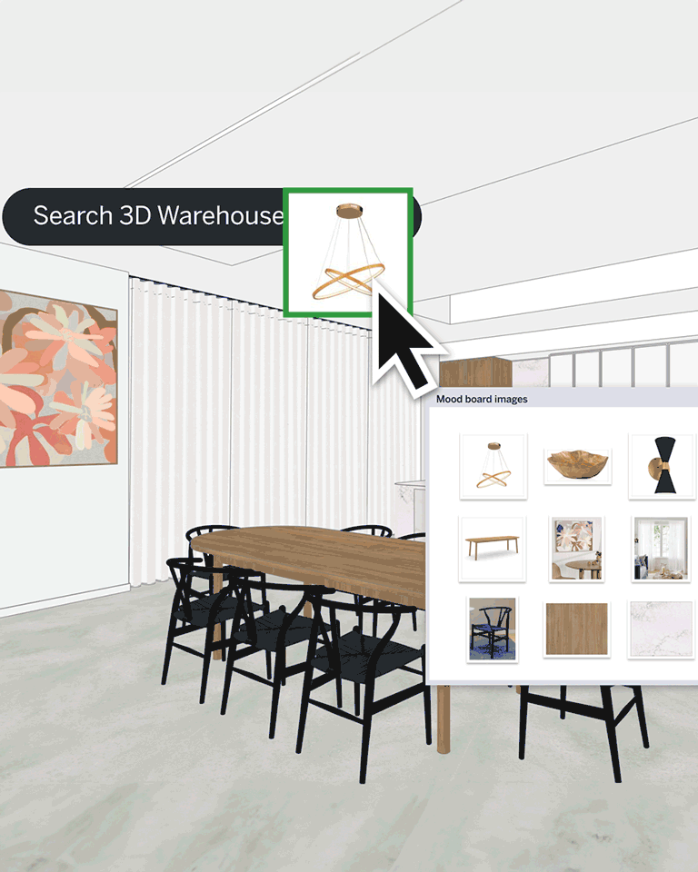 Een illustratie van een 3D-interieur in SketchUp, waarbij een gebruiker de nieuwe visuele zoekfunctie gebruikt. Een referentiefoto van een gouden ringlamp wordt met de muis vanuit een 'Mood board' map direct in de 'Search 3D Warehouse' zoekbalk gesleept.