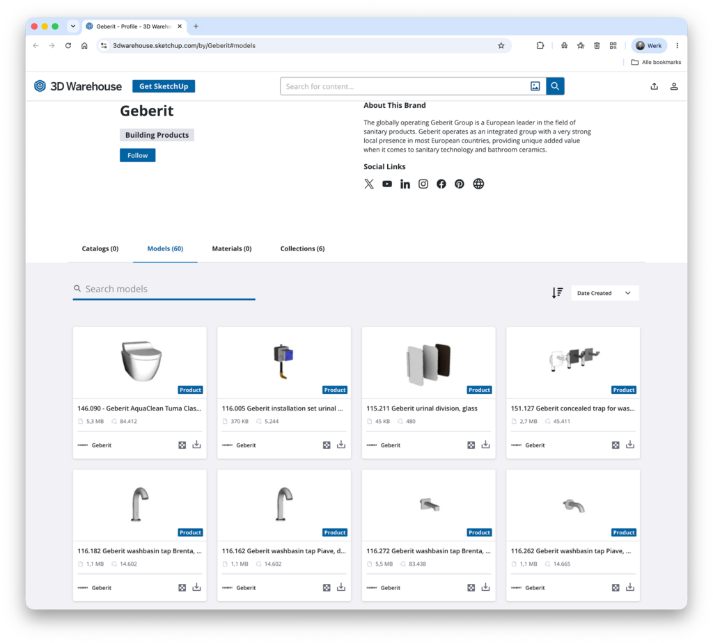 Een screenshot van de SketchUp 3D Warehouse website die de officiële merkpagina van fabrikant Geberit toont. De interface toont bedrijfsinformatie en een overzicht van downloadbare, geverifieerde 3D-modellen van sanitair, waaronder toiletten, urinoirs en wastafelkranen voorzien van een 'Product' badge.