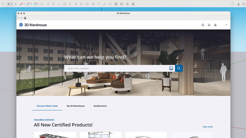 De vernieuwde startpagina van de SketchUp 3D Warehouse interface. Centraal staat een grote zoekbalk met de tekst 'What can we help you find?' gepositioneerd over een sfeervolle achtergrondafbeelding van een modern 3D-interieur, met snelle navigatie naar gecertificeerde producten.