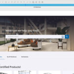 The redesigned homepage of the SketchUp 3D Warehouse interface. It features a large central search bar reading 'What can we help you find?' positioned over an atmospheric background image of a modern 3D interior, with quick navigation to certified products.