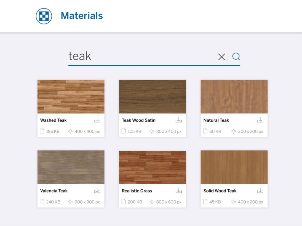 Een screenshot van het tabblad 'Materials' binnen het SketchUp 3D Warehouse. Een zoekopdracht naar 'teak' toont een overzichtelijk raster van downloadbare houtstructuren. Elk materiaal toont direct de bestandsgrootte in KB en de afbeeldingsresolutie in pixels.