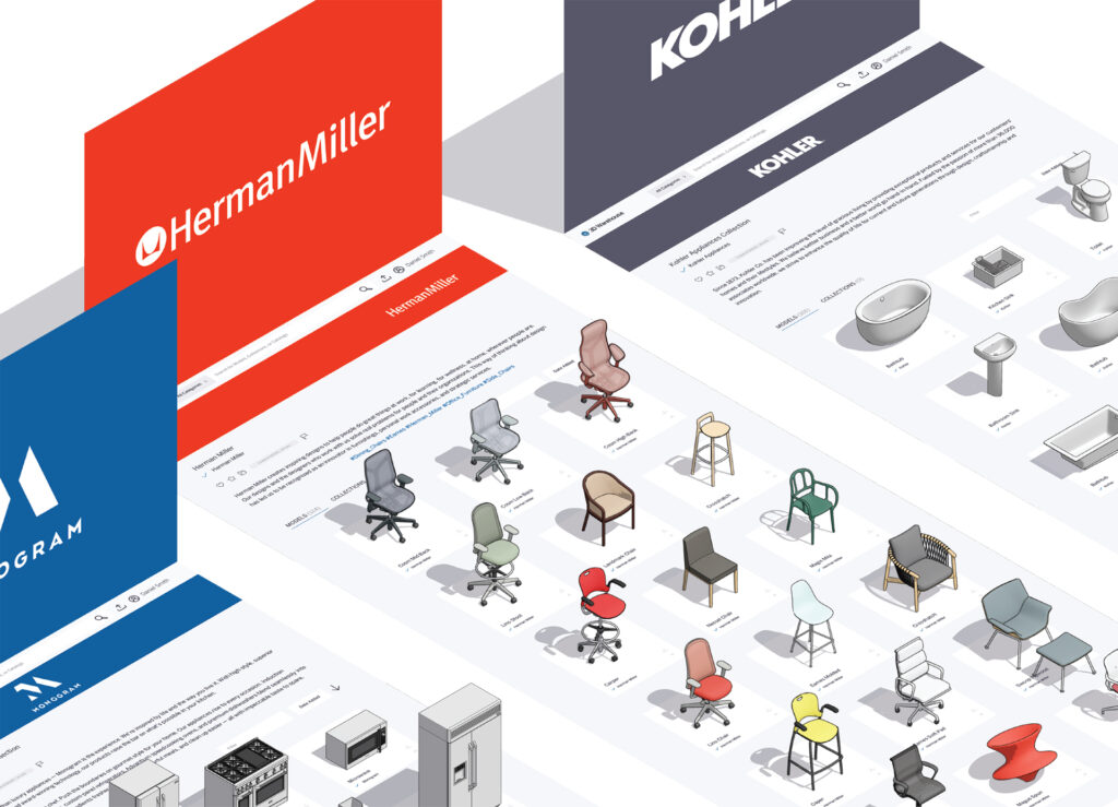 Een gestileerde, isometrische illustratie van drie officiële merkpagina's in het SketchUp 3D Warehouse. De zwevende interfaces tonen de productcatalogi van bekende fabrikanten: Herman Miller (kantoormeubilair), Kohler (sanitair) en Monogram (keukenapparatuur). De afbeelding demonstreert hoe merken zichzelf en hun 3D-modellen professioneel presenteren op het platform.