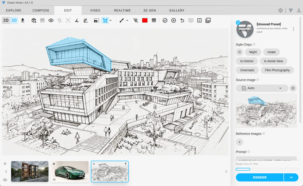 De UX-update in de Edit-interface van Chaos Veras 4.6.1, toegepast op een architectonische lijnschets. Een specifieke uitkragende verdieping van het gebouw is gemarkeerd met de nieuwe blauwe polygoon-selectietool (Draw Shapes) voor gerichte en selectieve AI-bewerkingen.