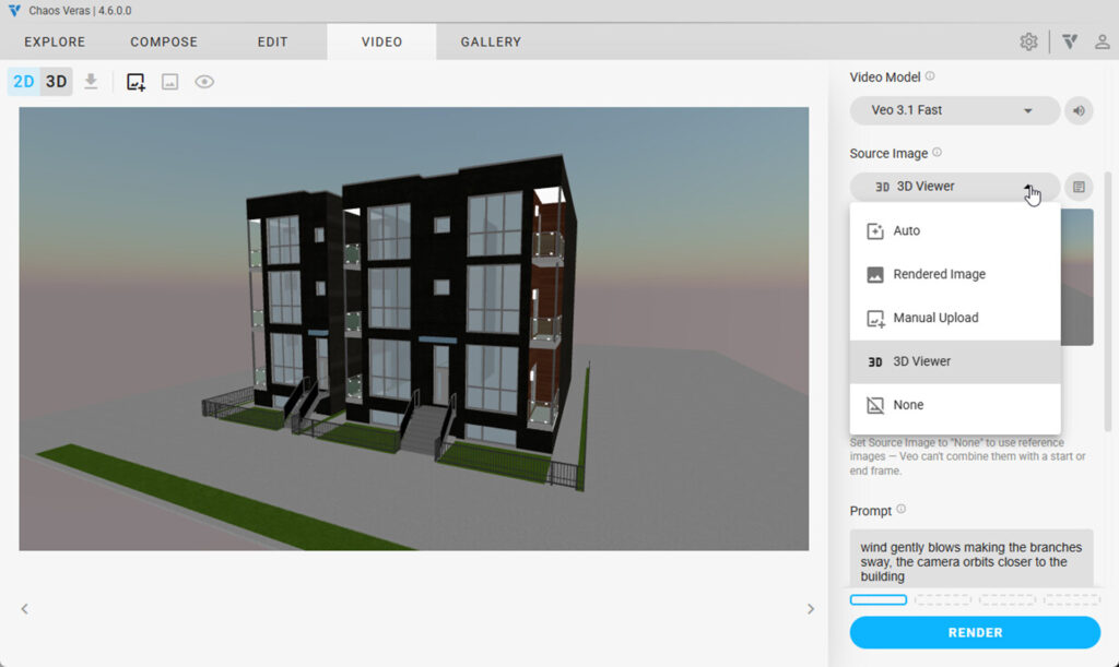 De interface van Chaos Veras 4.6 op het Video-tabblad. Een 3D-model van een modern appartementencomplex wordt getoond, waarbij het 'Source Image' uitklapmenu is ingesteld op '3D Viewer' om direct AI-gestuurde videogeneratie te starten op basis van een tekstprompt.